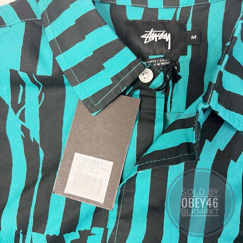 Stussy Off Stripe Button Up Long Sleeve Turquoise Black Shirt Men's Size M - Picture 2 of 4